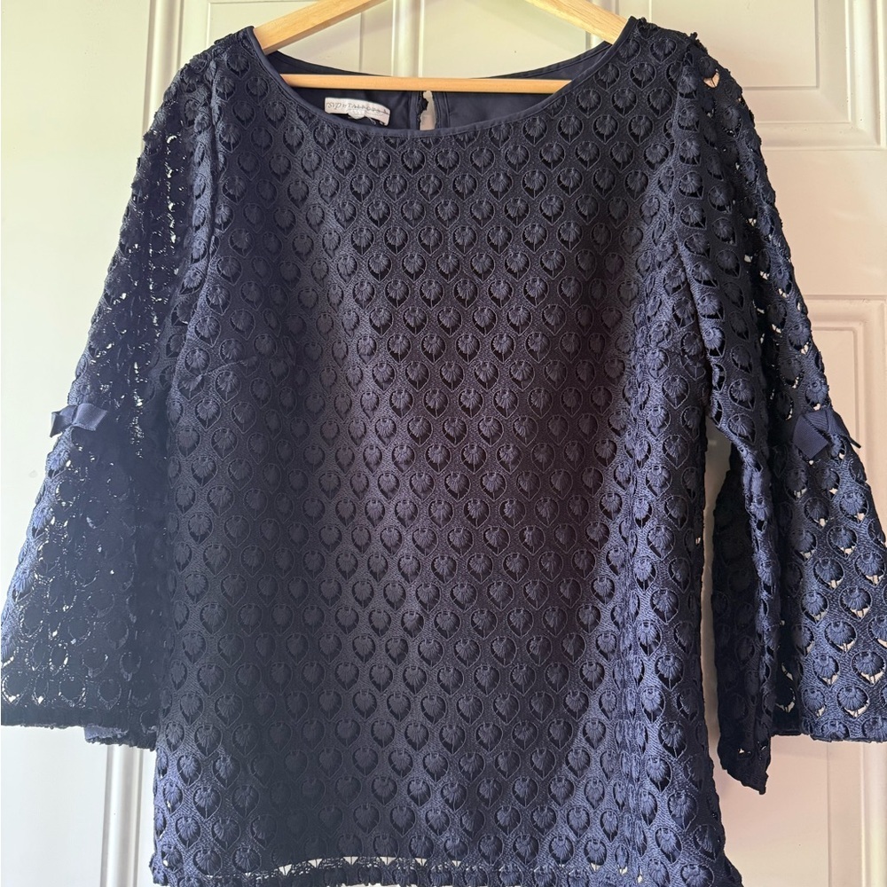 🔥3/$18 rsvp by Talbots Navy Blue Eyelet Lace Blouse - Picture 2 of 8